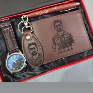 Leather wallet keychian pen and watch set